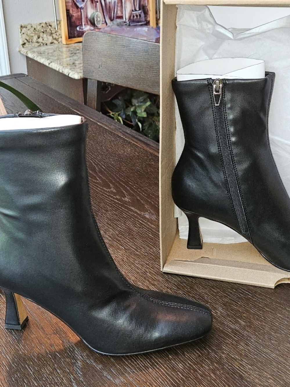 Women's Black Leather Ankle Bootie with Side Zip and Slim Heel